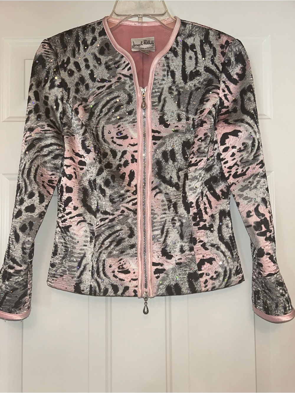 Joseph Ribkoff Vintage Veston Evening Jacket Pink Black Crystal Glam Barbie